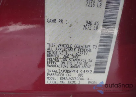 2013 Nissan Altima 2.5 Sl z USA, uszkodzony, nr VIN 1N4AL3AP3DN443492